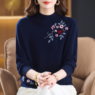 高档100%纯羊绒衫加肥加大码女装中老年妈妈半高领绣花毛衣打底衫