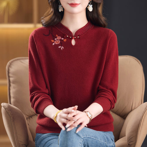 100%纯羊绒衫女秋冬绣花上衣加肥加大码中老年妈妈新中式立领毛衣
