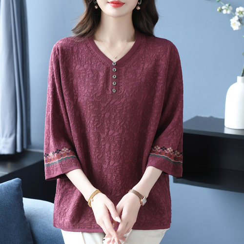 新中式7分袖提花针织T恤女中老年妈妈加肥特大码春装遮肚冰丝上衣