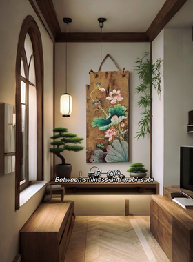 一寂一侘间风实木挂画客厅玄关装饰画禅意茶室空间复古原木挂画