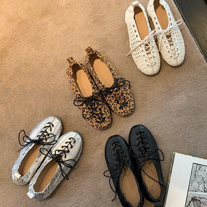 牛皮版~春季韩版芭蕾舞鞋女平底交叉绑带豹纹百搭舒适时髦休闲鞋