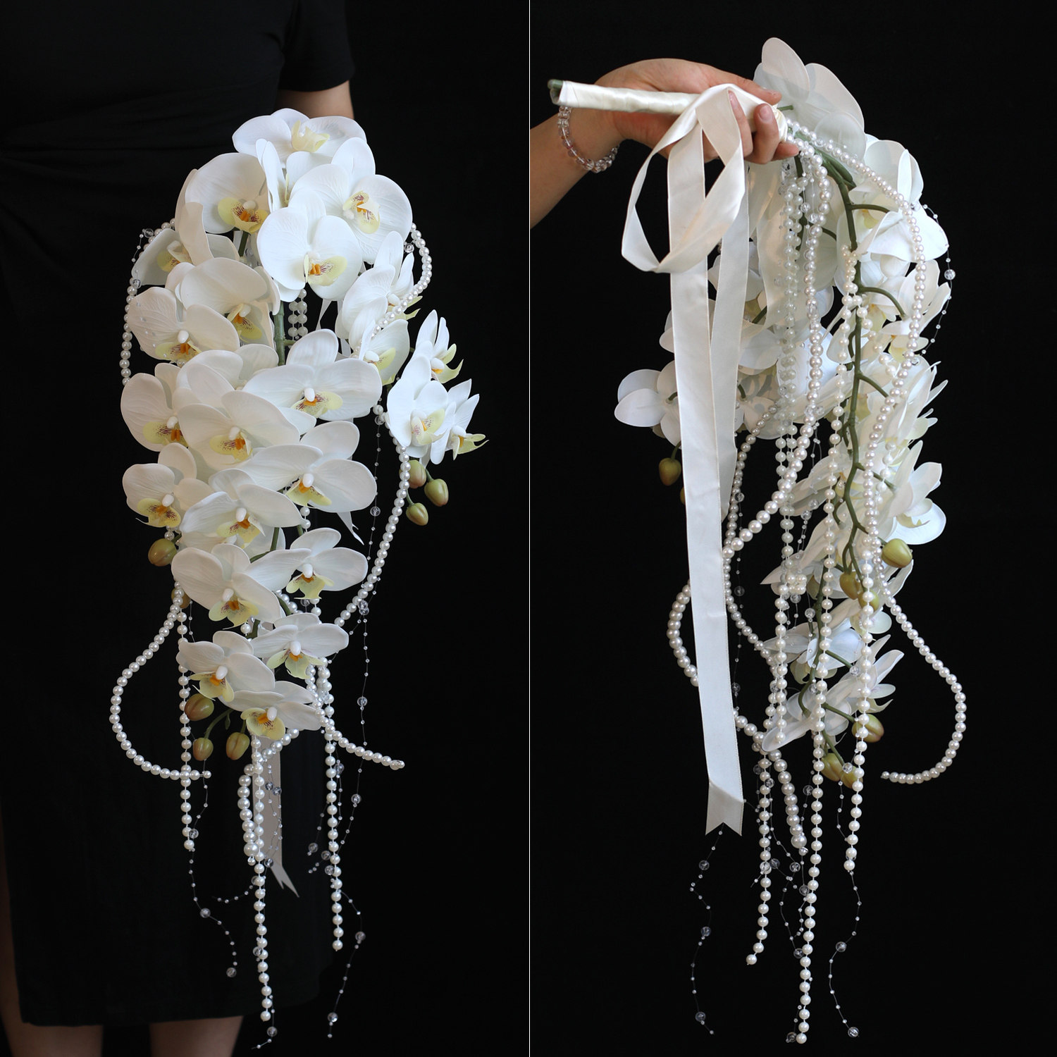 高级感蝴蝶兰珍珠瀑布仿真花婚礼新娘水滴手捧花摄影毕业花束道具