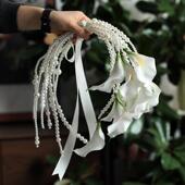 婚礼领证珍珠手捧花白色马蹄莲海芋仿真手拎花拍照高级摄影道具