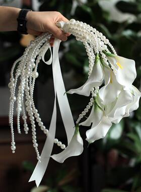 婚礼领证珍珠手捧花白色马蹄莲海芋仿真手拎花拍照高级摄影道具