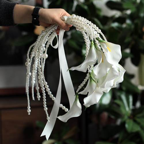 婚礼领证珍珠手捧花白色马蹄莲海芋仿真手拎花拍照高级摄影道具