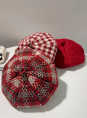 复古格纹贝雷帽女童秋冬日系休闲百搭画家帽男童红色系新年报童帽