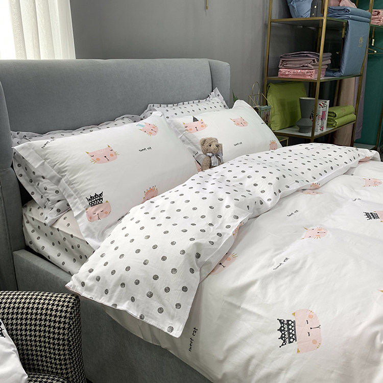ins北欧小清新可爱猫咪  单双人学校宿舍全棉四件套床品 可定床笠