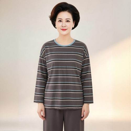 带胸垫中老年妈妈纯棉长袖条纹家居服女宽松薄款圆领全棉睡衣套装