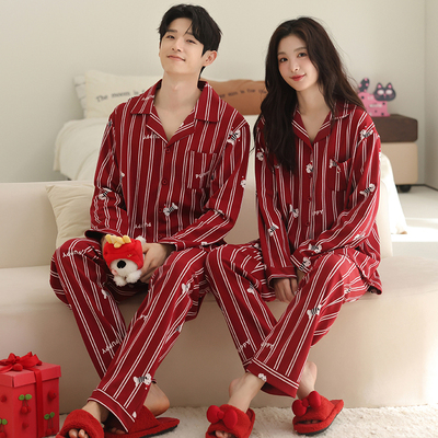红色情侣睡衣秋冬款纯棉布料100全棉长袖开衫男女秋冬加厚家居服
