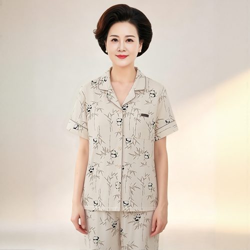 带胸垫妈妈睡衣短袖纯棉东方美学熊猫竹影款中老年人国风感家居服
