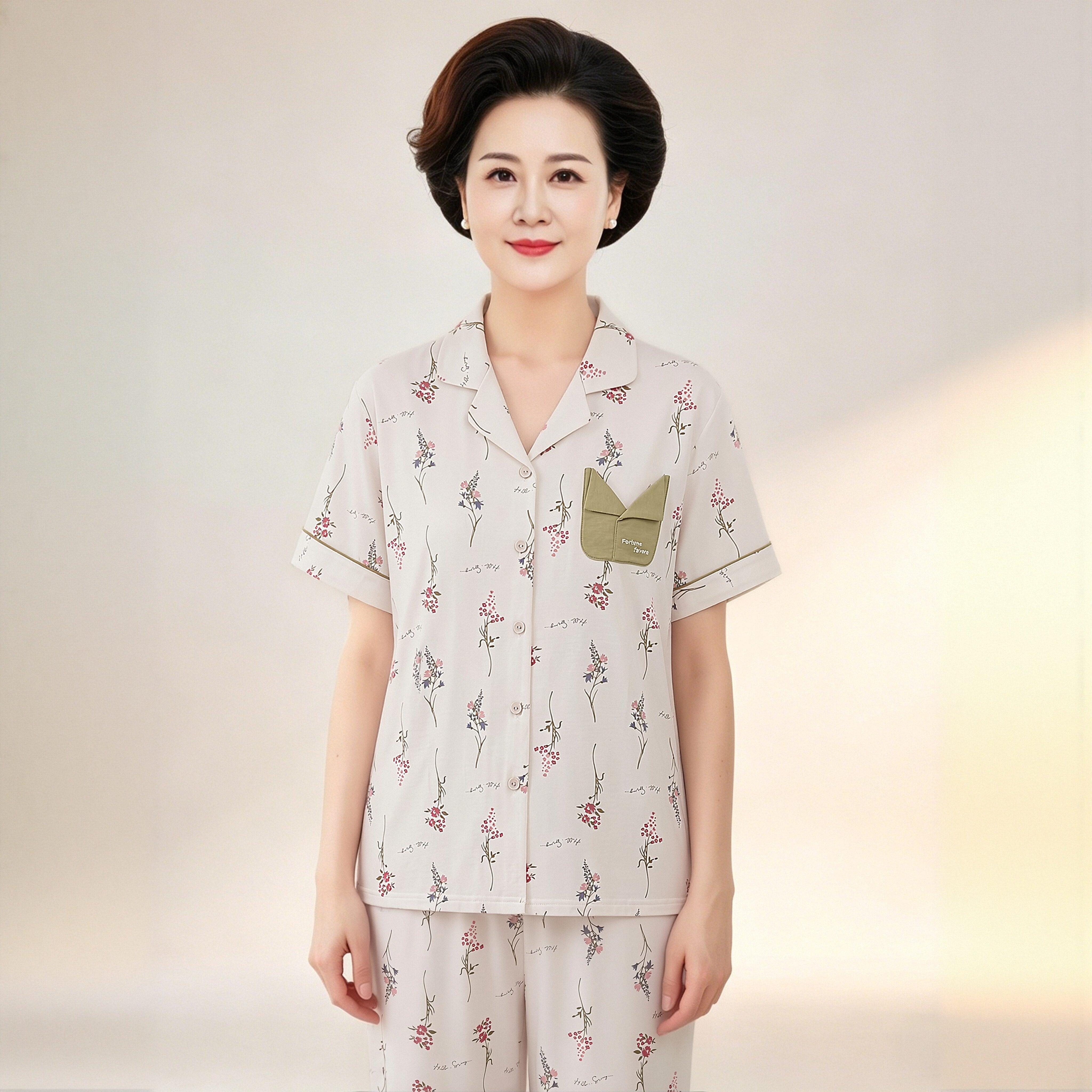 带胸垫中老年妈妈睡衣女夏季短袖亲肤全棉面料清新雅致花卉家居服