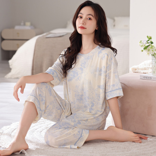 贵妇家居服 睡衣女大码 莫代尔冰丝凉感清新淡雅2025新款 短袖 七分裤