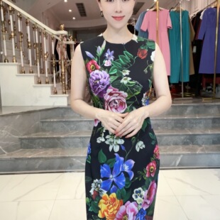 5853研家轻奢2025高级感气质圆领真丝花色印花无袖 背心连衣裙