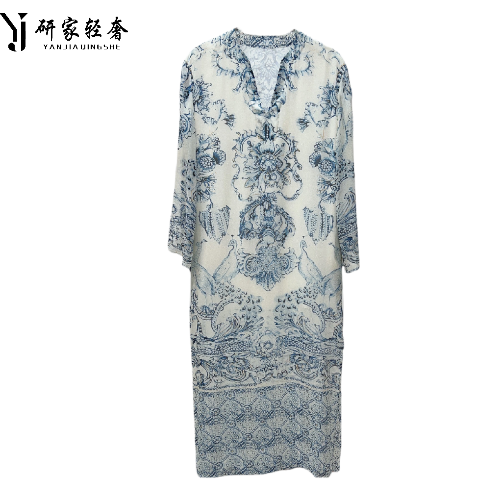 4911【内外双真丝】定位青花瓷宽松显瘦超仙连衣裙（真丝内衬）