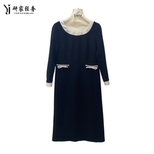 6322研家轻奢简风立体剪裁圆领撞色蝴蝶结宽松显瘦醋酸连衣裙