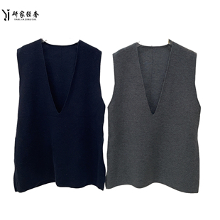 6114研家轻奢2025时尚 羊毛针织马甲上衣 百搭V领宽松双侧开叉无袖