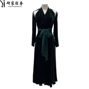 5361研家轻奢2024气质V领真丝丝绒系带开衫 大摆祖母绿连衣裙 式