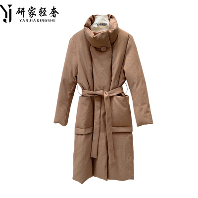 6232研家轻奢2025时尚立领一颗扣腰带收腰加厚中长款白鹅绒羽绒服