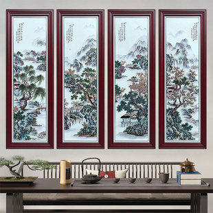 手绘瓷板画景德镇陶瓷大厅挂画壁画中式玄关客厅墙上装饰画四条屏