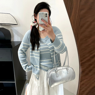 大码显瘦条纹针织衫套装2025秋款胖mm内搭吊带女开衫两件套22900