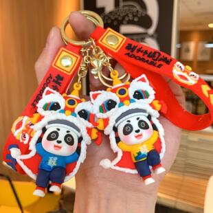 国潮醒狮头熊猫钥匙扣挂件创意卡通公仔汽车包包钥匙链挂件小礼品