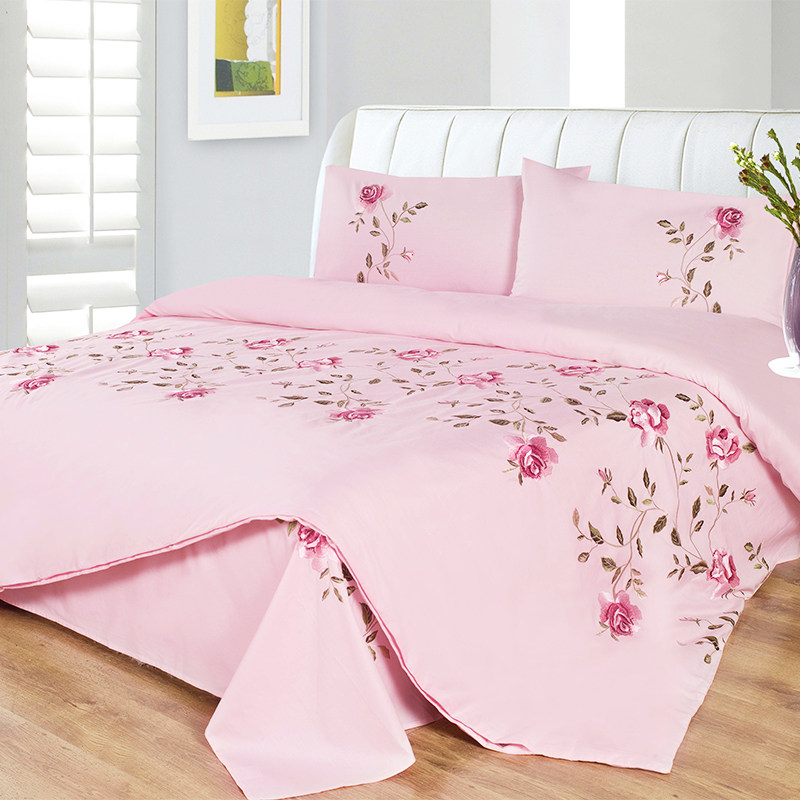 威鸣 粉色纯棉被套四件套绣花婚庆床上用品刺绣全棉床单枕套特价