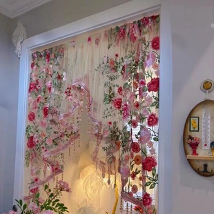 法式吊珠复古刺绣重工打孔拱形氛围隔断门帘纱帘蕾丝走廊卧室半截