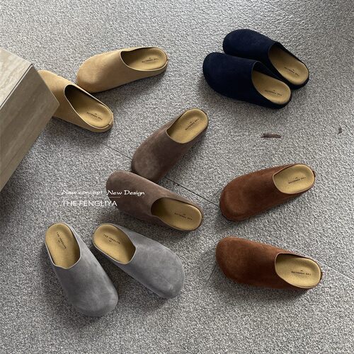 THEFENGLIYA秋冬BI入款韩版真皮厚底懒人一脚蹬勃肯鞋包头半拖鞋