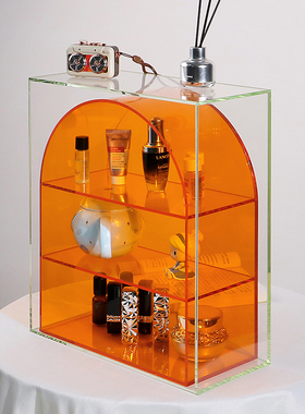 高级感橙色拱形杯子收纳架亚克力化妆品桌面置物架半透明收纳定制