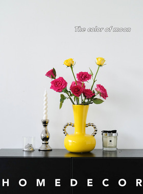 SIlverOne新中式黄色花瓶双耳珍珠把手玄关柜餐桌插花摆件装饰品
