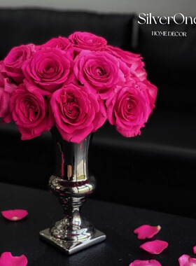 SilverOne欧式复古大口径陶瓷玫瑰花瓶高级银色现代轻奢餐桌装饰