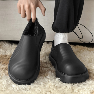 黑色皮面雪地靴男女冬季厚底加绒保暖棉鞋面包鞋小土豆全包勃肯鞋