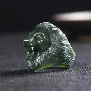 新款真品和田玉狮头戒指新疆青玉男士女士玉石指环玉器扳指带证书