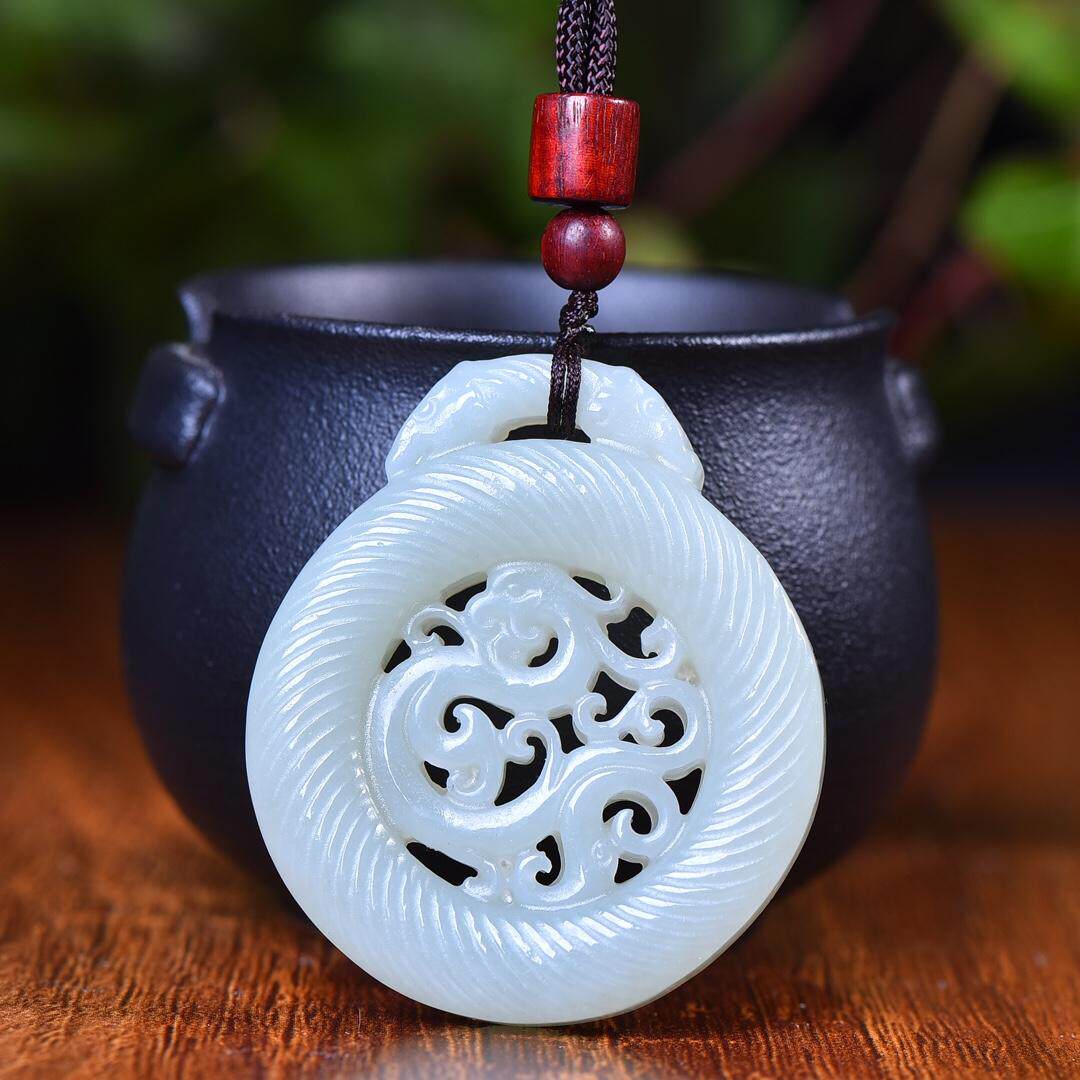 天然真品和田玉仿古凤玉吊坠青白玉镂空双面雕刻玉佩女士玉器挂件