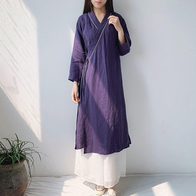 汉服瑜伽外套交领长裙茶服中国风禅服长袖外披秋冬棉麻长衫袍子女