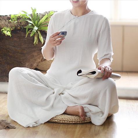 汉服女丝棉夏禅服白色瑜伽服套装中式打坐宽松瑜珈服禅修服居士服
