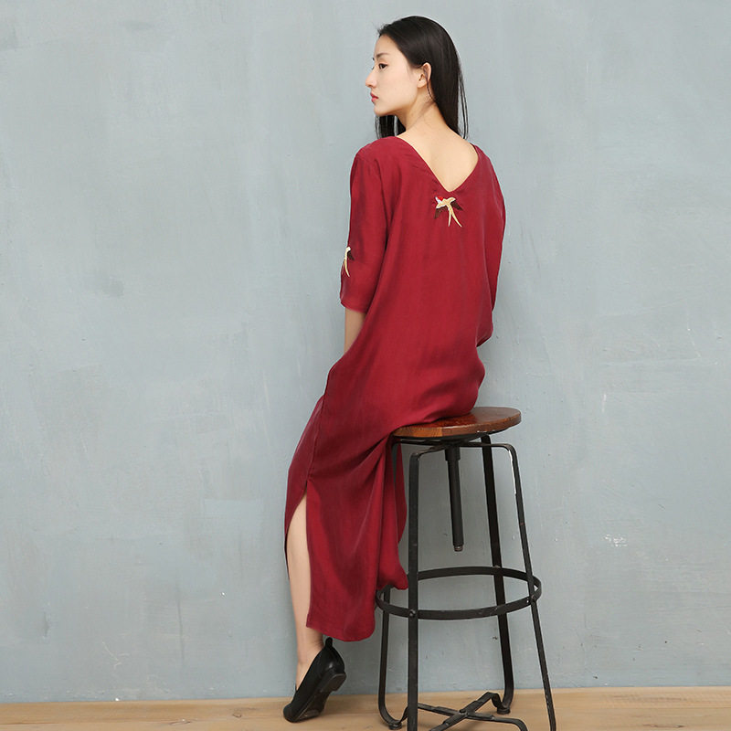 新款夏季铜氨丝古典刺绣个性瑜伽服长袍宽松v领休闲高端茶艺服女