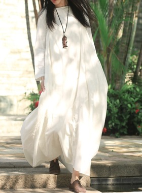 昆达里尼亚麻瑜伽服飘逸长袍宽松白色印度冥想打坐禅服女棉麻服装