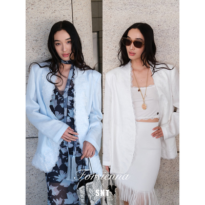 【冰沙美人】莱赛尔亚麻三角针工艺蕾丝拼接西装