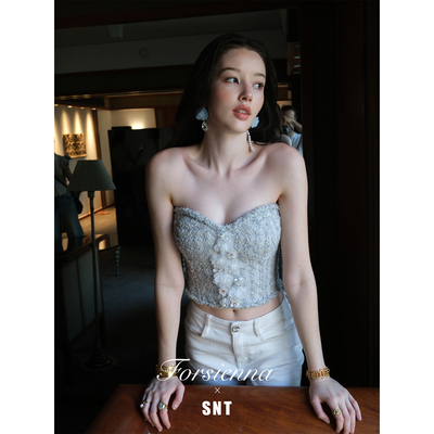 SNT【晨露繁花】 薄荷蓝 手工钉珠立体花朵冰透质感粗花呢胸衣