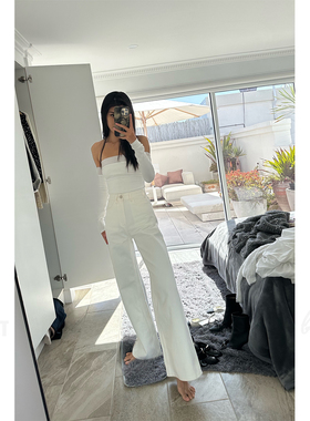 SNT 复古时髦高腰宽松垂坠感白色直筒阔腿牛仔裤阔腿裤女秋冬