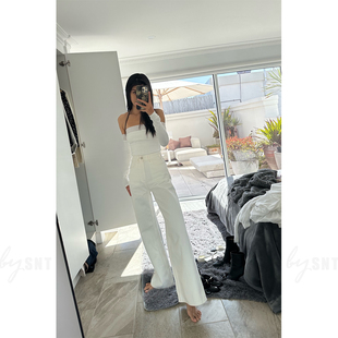 女秋冬 阔腿裤 SNT 复古时髦高腰宽松垂坠感白色直筒阔腿牛仔裤