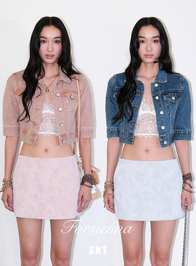 SNT 复古蓝/干枯玫瑰 利落显瘦短款中袖牛仔外套