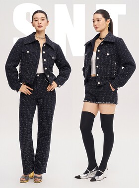 SNT  藏蓝粗花呢外套/直筒长裤/短裤套装