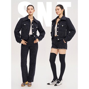 SNT  藏蓝粗花呢外套/直筒长裤/短裤套装
