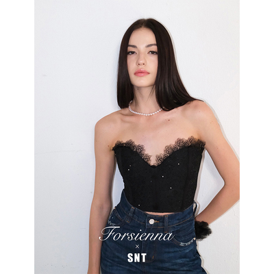 SNT【古典美学】后背有惊喜的蕾丝亮片绣花 后背交叉绑带复古胸衣