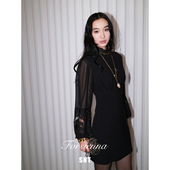 SNT 连衣裙 鱼骨腰封修身 羊毛天丝面料 真丝蕾丝拼接袖