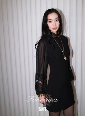 SNT 羊毛天丝面料 真丝蕾丝拼接袖 鱼骨腰封修身连衣裙