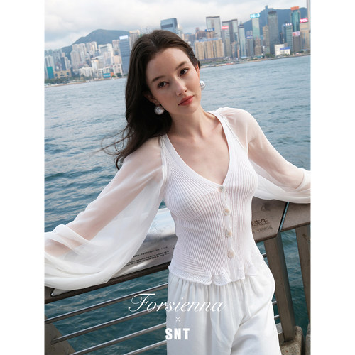 SNT【雾色风情】天丝亚麻棉针织挂脖吊带/亲肤透气针织拼接衬衣