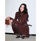 超密实挺阔修身 SNT 古典淑女 焦酒红针织连衣裙